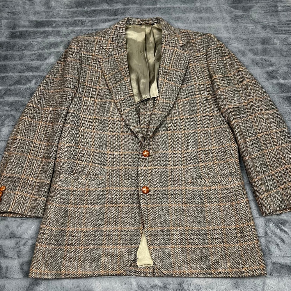 John Weitz Vintage Mens Wool Herringbone Plaid Blazer Brown Orange 2-Button Coat